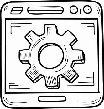 Hand Drawn Tablet With Gear Wheel Icon, Sketch Style Device For Web Setting vector