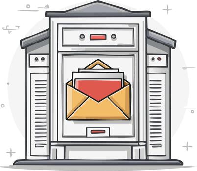 Illustration of a classic post office building with an open envelope and letters, symbolizing mail delivery and communication vector