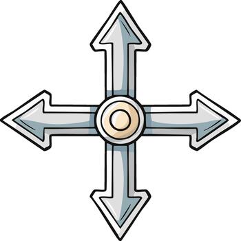 de cuatro vías flecha diseño con un central circular elemento en dibujos animados estilo vector