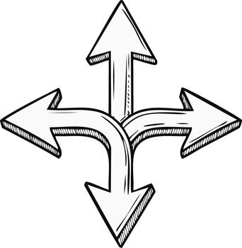 mano dibujado flechas indicando múltiple direcciones elección y divergencia en un bosquejo estilo vector