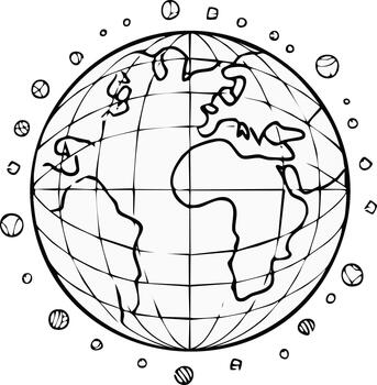mano dibujado tierra globo contorno con celestial objetos orbital en un dibujos animados bosquejo estilo vector