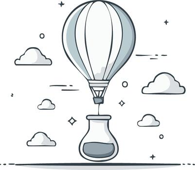 Balloon carrying a flask, science exploration and creativity in a sketched whimsical design with clouds vector
