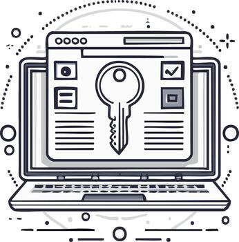 Digital key concept illustration showing a laptop displaying a large key symbol and checkmark inside a browser window vector
