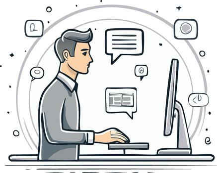 Man using computer with icons of social media notifications in gray scale vector