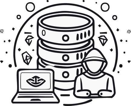 la seguridad cibernética concepto ilustración con datos servidor, ordenador portátil y hacker figura vector