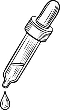 Sketch of a dropper with liquid and a single drop, medicine, treatment, science, labs, essential oils, design element vector