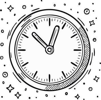 Doodle illustration of a simple clock icon with a sparkling time passing effect vector
