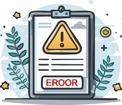 error mensaje en portapapeles con advertencia firmar, decorativo plantas y moneda, notificación de problema, dibujos animados ilustración vector