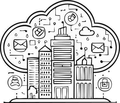 estilizado paisaje urbano dentro nube con digital conexión y comunicación íconos vector