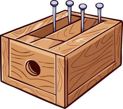 Wooden puzzle box with nails and openings for manipulation and problem solving vector