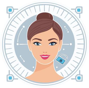Facial recognition scan of a woman's face showing security with padlock. Access, privacy, data protection, technology vector