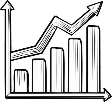 Drawn line graph with rising bars representing growth and success on white background vector