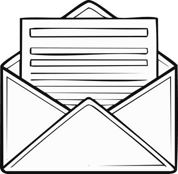 Hand-drawn open mail envelope revealing a letter with horizontal lines inside message sending vector
