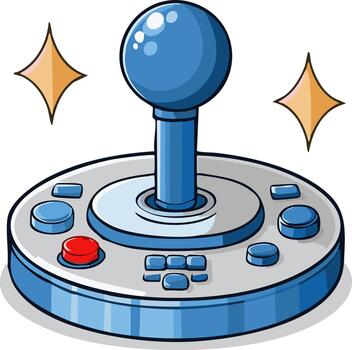 Blue joystick controller with buttons, retro arcade machine gaming technology with stars, illustration vector