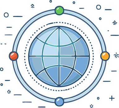 Global network connectivity system illustration with orbiting elements and digital symbols vector