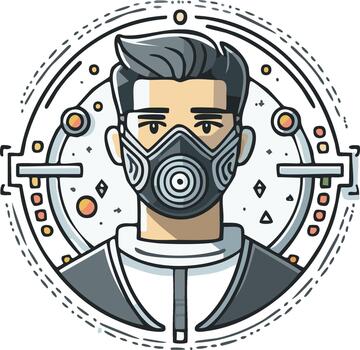 Man Wearing a Protective Face Mask, Round Geometric Shape Background, Cyberpunk Style vector