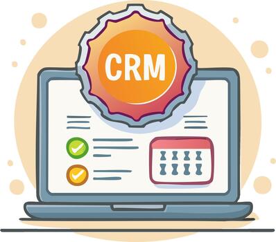 Cartoon illustration of a laptop with a CRM system dashboard, calendar, and checklist for business management vector