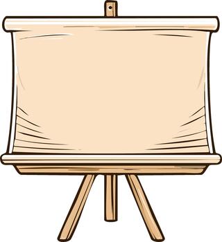 Light beige paper scroll unrolled on a wooden tripod easel with a dark outline vector