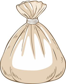 dibujado a mano ilustración de un atado cordón bolso con un redondeado forma y sombreado tela textura vector