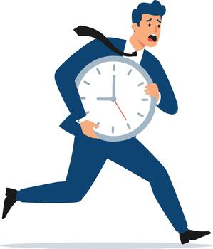 Frantic businessman running with a big clock, symbolizing time urgency, work deadlines, and the pressure of a tight schedule. vector