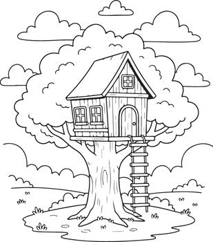 Charming outline illustration of a classic wooden treehouse built high in a robust tree, surrounded by fluffy clouds and a gentle landscape. vector