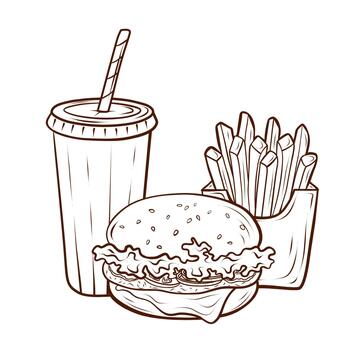 A fast food set featuring a burger, fries, and a drink. illustration, executed in a minimalist outline style with brown lines. This composition of popular dishes is isolated on a white background. vector