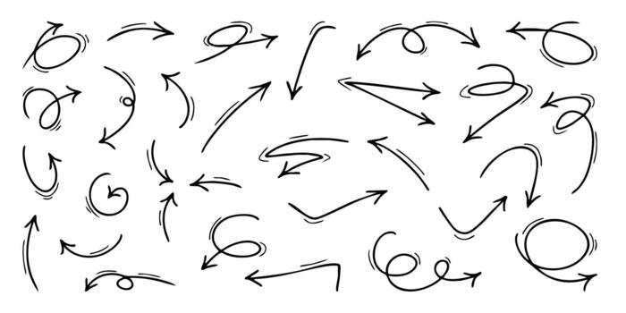 un colección de Delgado dibujado a mano curvilíneo flechas, bucles, remolinos, y dinámica estilo marcador punteros diseño elementos para notas, presentaciones, planificadores, y juguetón gráficos. vector