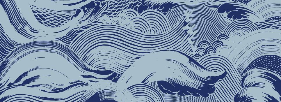 Hand drawn brush line intricate Japanese style waves and foam pattern, ethnic and tribal wood carving, block print texture background for banner and design project vector