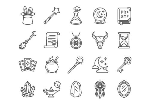 Magic line icons. A collection of 20 mystical symbols like potion, spellbook, wand, and crystal ball. Perfect for fantasy and witchcraft projects. outline style. vector
