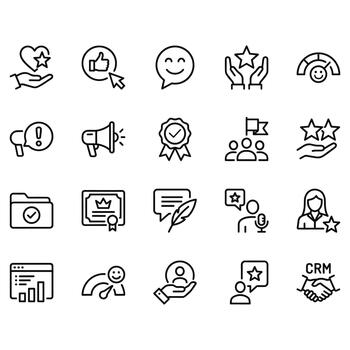 Set of 20 linear icons related to customer feedback, reviews, CRM, and ratings. Clean black outline style designed for web, app, and business interfaces. vector