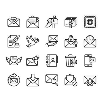 Set of 20 clean line icons related to mail, post, and communication. Includes envelope, mailbox, stamp, and email symbols. Outline design isolated on white background. vector