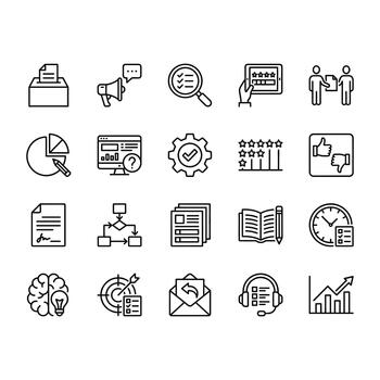 Set of 20 clean line icons for business, feedback, surveys, and analysis. Includes ratings, charts, documents, and process symbols. Isolated outline design. vector