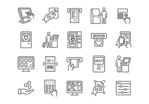 Self-service kiosk and terminal line icons. illustrations of ATMs, vending machines, payment methods, biometric scanners, and automated retail interactions in a clean outline style. vector