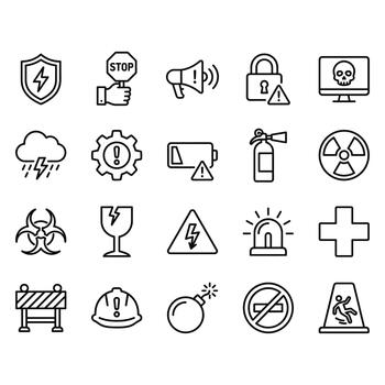 A set of 20 clean line icons for safety, warning, and danger signs. Includes symbols for caution, hazard, security, and emergency. Isolated outline design on white background. vector