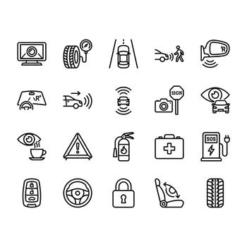 Set of 20 clean line icons related to car safety, driver assistance systems, and vehicle technology. Minimalist black outline design on white background. vector
