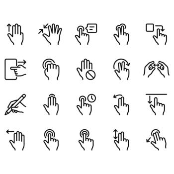 20 line icons depicting touchscreen hand gestures. Outline symbols for mobile UI actions like tap, swipe, pinch, scroll, multi-touch, and stylus use. Clean black strokes. vector