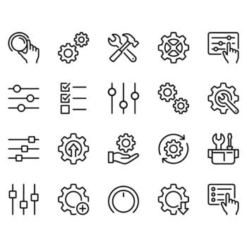 line icons set covering settings, tools, gears, and configuration controls. Clean black outline style suitable for web, app interfaces, and UI UX design projects. vector