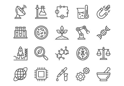 un conjunto de negro y blanco Ciencias y investigación íconos con claro líneas y suave contornos vector