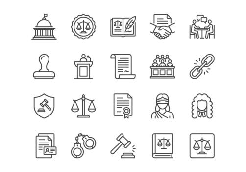 Law and justice line icon set. 20 outline symbols including gavel, scales, judge, courthouse, handcuffs, and legal documents for web and app design. vector