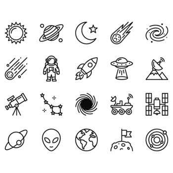 20 line icons depicting outer space, astronomy, and cosmic exploration. Outline symbols for planets, rockets, astronauts, telescopes, and celestial phenomena. vector