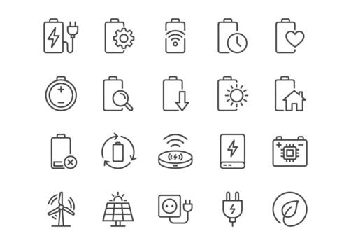 Set of 20 linear icons focusing on battery, charging, renewable energy, and power. Clean line art style suitable for UI UX design, apps, and web interfaces. vector