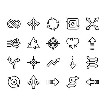 Set of 20 clean line arrow icons. Includes symbols for direction, rotation, recycling, branching, flow, and exchange. Minimalist black outline design isolated on white background. vector