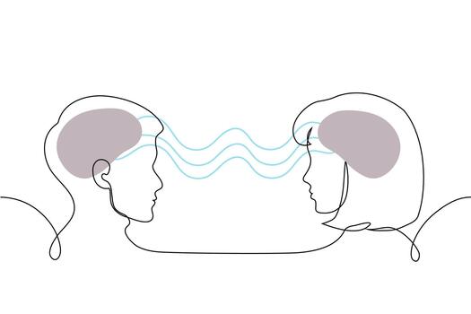 hombre y mujer cuyo sesos son conectado por olas de comunicación - uno intacto línea. conceptos mental hermanos, mental conexión, similar cognitivo prejuicios, pensando similar, comprensión, empatía vector