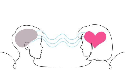 man and a woman are connected at the head. He has a brain, and she has love and feelings. One continuous line. Friend zone concept, humanities and tech-minded person, she is irrational, he is rational vector