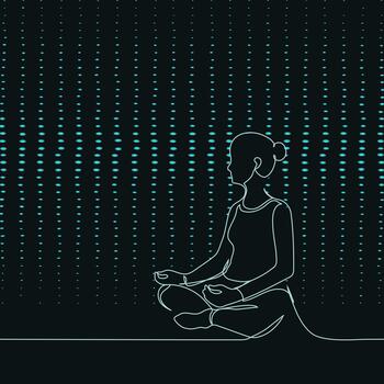 mujer se sienta en un calma loto posición en contra un brillante digital antecedentes - uno continuo línea. consciencia, interior balance, enfocar, y pacífico meditación en un moderno, futurista ajuste vector