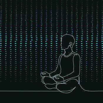 hombre se sienta en loto posición en contra un brillante digital antecedentes - uno continuo línea. consciencia, interior balance, enfocar, y pacífico meditación en un moderno, futurista ajuste vector