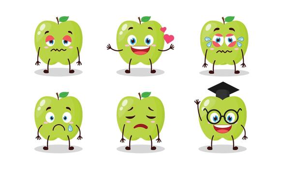 funny green apple cartoon character with different pose activity illustration vector