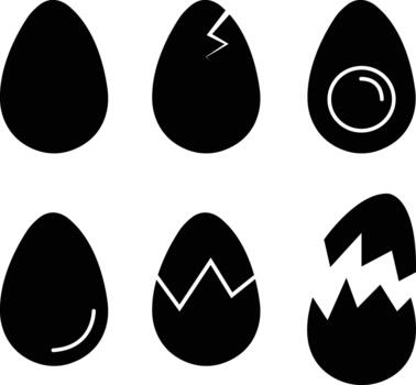 Eggs and broken egg icons set, whole, cracked, and half shell collection, solid graphic group, editable design elements for food, breakfast, and kitchen projects vector