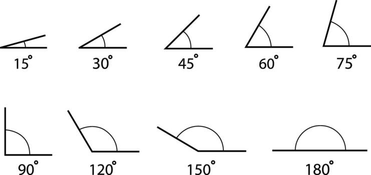 All angle degree icons set, geometric, rotation, measurement, and direction symbols collection, outline graphic group for math, physics, UI, web, and creative projects vector