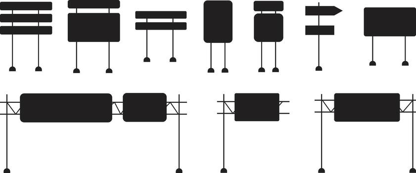 Empty black traffic sign board set, solid road signage icon collection, blank directional graphic group, editable design elements for warning, information, navigation, and transportation projects vector